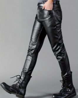 Men’s Chic PU Pants, Stretch Faux Leather Biker Pants