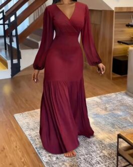 Elegant V Neck Lantern Maxi Dress