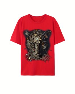 rhinestone leopard t shirt, casual crew neck tees for men