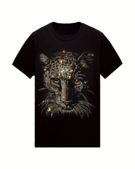 rhinestone leopard t shirt, casual crew neck tees for men