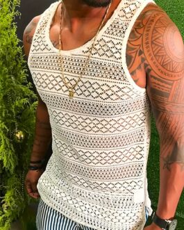 Mens Lace Shirts See Through Vest Crewneck Sleeveless