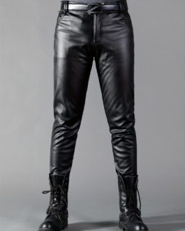 Men’s Chic PU Pants, Stretch Faux Leather Biker Pants