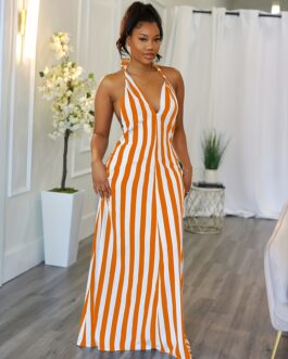 Sexy Backless Striped V-neck Dress