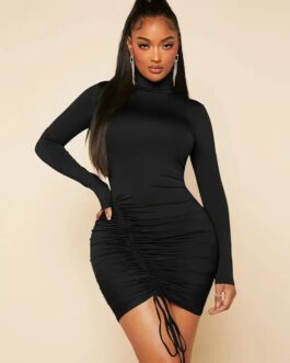 Solid Turtleneck Drawstring Ruched Dress