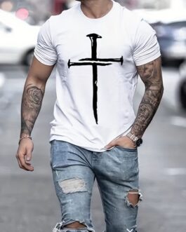 Cross Print, Men’s T-shirt, Casual Comfy Thin Tees