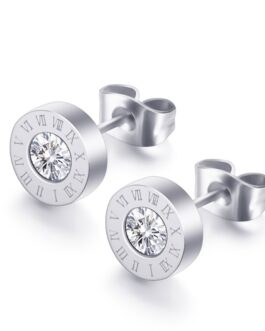 Stainless Steel Round Cut Zircon Roman Numerals Stud Silver Plated Earrings