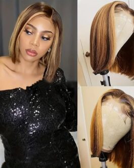 Highlight Ombre 4×4 Lace Closure Human Hair Bob Straight 180% Density Pre Plucked Glueless HD Lace Front Wig