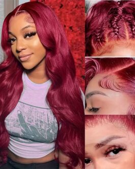 Body Wave Lace Front Human Hair Bleached Knots With Baby Hair 13×4 Pre Plucked Burgundy 180% Density Wig