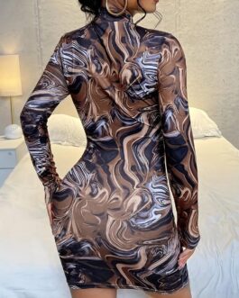 Marble Print Mock Neck Bodycon Dress, Y2K Long Sleeve Club Dress