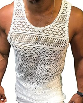 Mens Lace Shirts See Through Vest Crewneck Sleeveless