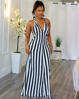 Sexy Backless Striped V-neck Dress