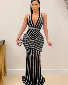 Sexy Rhinestone Bodycon Halter Neck Dress