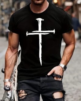 Cross Print, Men’s T-shirt, Casual Comfy Thin Tees