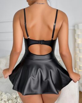 Deep V Backless PU Leather Strappy Slip Dress