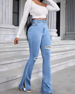 Bell Bottom High Waist Wide Legs Split Ripped Flared Jeans Denim