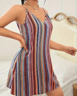 Striped V Neck Spaghetti Strap Dress