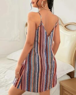 Striped V Neck Spaghetti Strap Dress