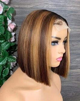 Highlight Ombre 4×4 Lace Closure Human Hair Bob Straight 180% Density Pre Plucked Glueless HD Lace Front Wig