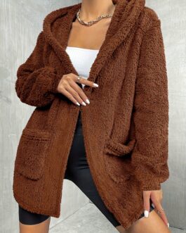 Hooded Teddy Pocket Front Long Sleeve Coat