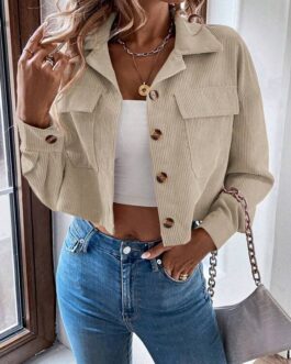 Flap Pocket Drop Shoulder Crop Corduroy Jacket