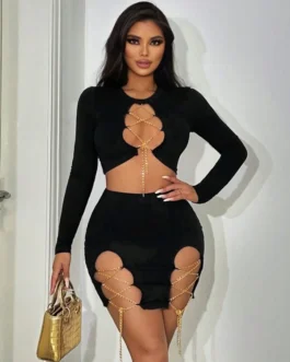 Chain Strap Hollow Out Sexy Long Sleeve Crop Top And Skirt Set