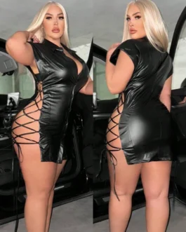 Plus Size Sexy Leather And Hollow-Out Side Slit Shirt Dress