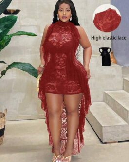 Plus Size Contrast Lace Ruffled Halter Bodycon Sexy Dress