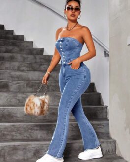 Solid Color Strapless Denim Jumpsuit With Pockets