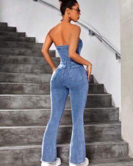 Solid Color Strapless Denim Jumpsuit With Pockets