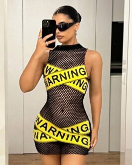 Mesh Sheer Slogan Graphic Print Bodycon Mini Dress