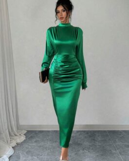 SHEIN Privé Women Elegant Green Satin Pleated Dress