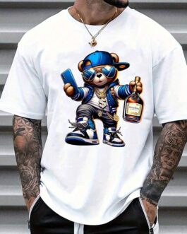 Cartoon Bear Printed Round Neck Casual T-Shirt