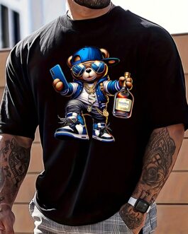 Cartoon Bear Printed Round Neck Casual T-Shirt