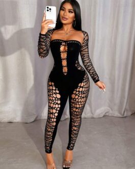 Hollow Heart Neck Long Sleeve See-Through Sexy Mesh Jumpsuit