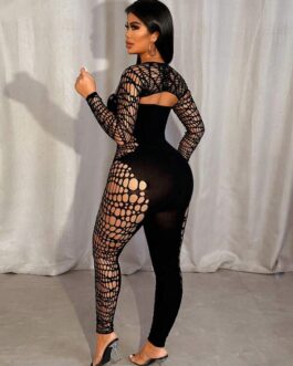 Hollow Heart Neck Long Sleeve See-Through Sexy Mesh Jumpsuit